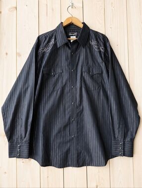 Wrangler Black Metallic Pinstripe Western Button Down Shirt Pearl Snap Mens XXL